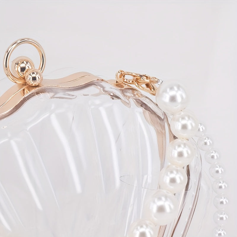 Casual Acrylic Pearl Beaded Shell Crossbody Bag with Removable Strap, Transparent Unlined Clutch with Buckle Closure, Checkpoint-Friendly Fashion Accessory