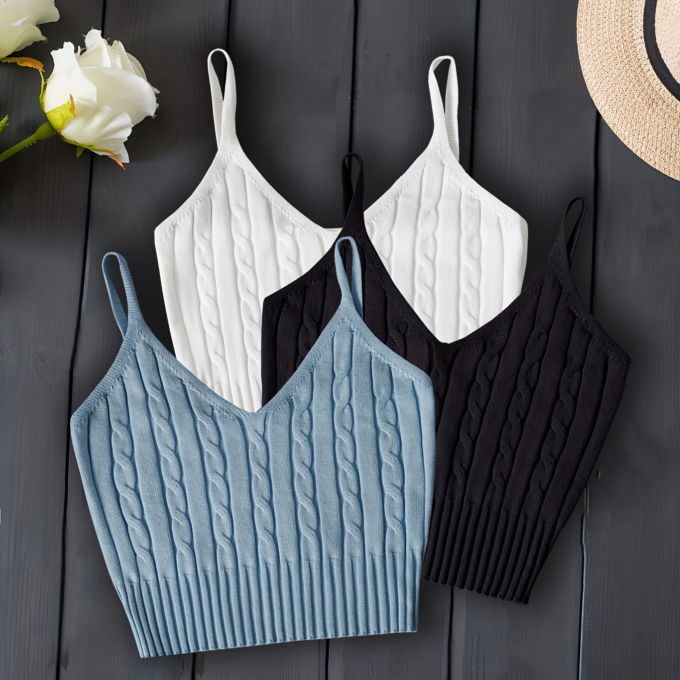 3-Pack Valentines Day Cable Knit Cami Tops - Soft V-Neck, Sleeveless Slim Crop, Adjustable Straps, Versatile Layering Essential - Womens Clothing, Celebrate Love in Style