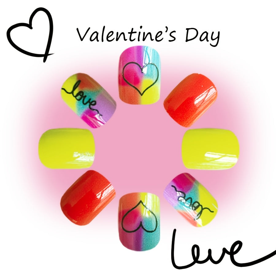 24pcs Vibrant Neon Love Heart Press-On Nails - Short Square, Glossy Finish with Jelly Glue, Nail File & Stick Included - Perfect for Valentine's Day