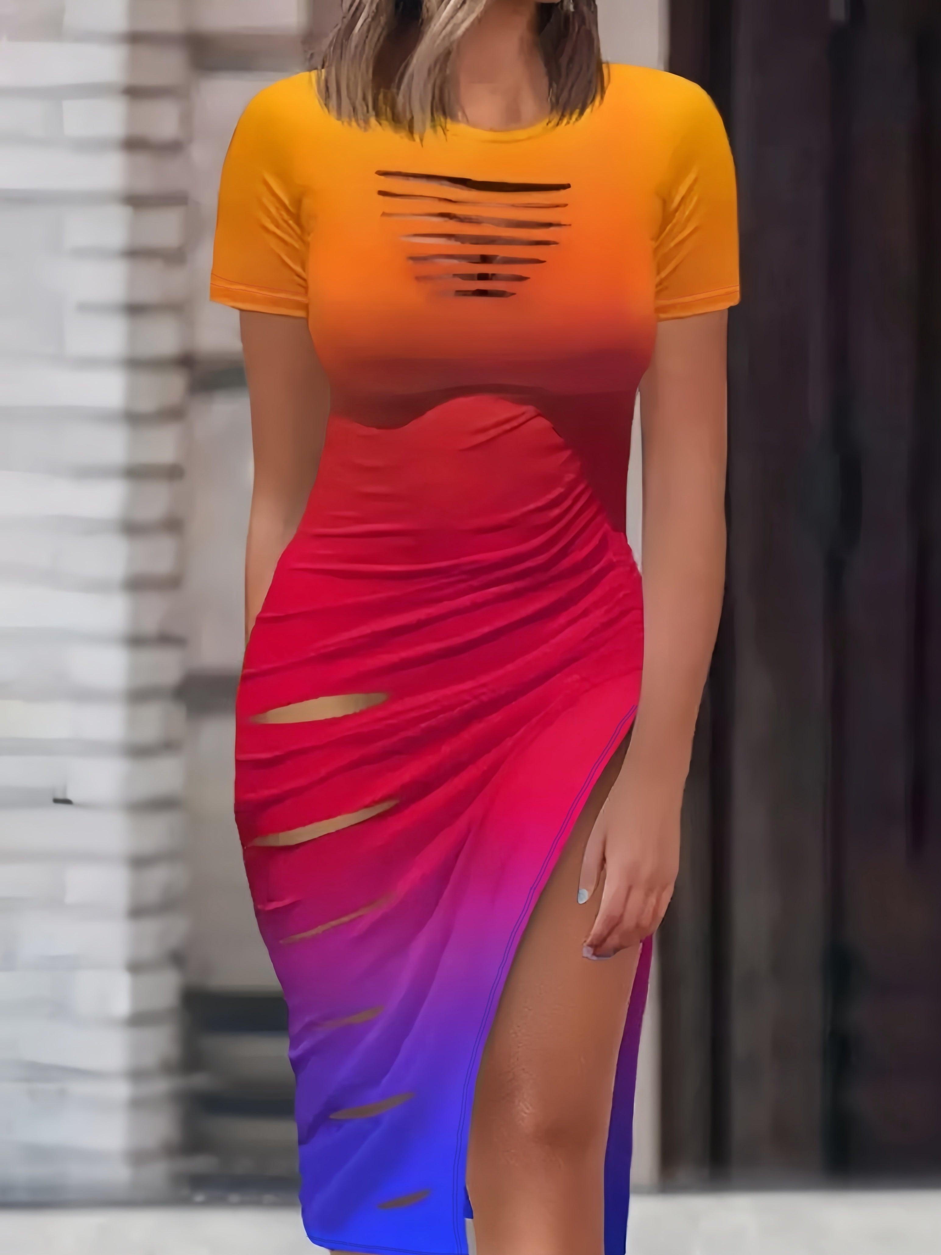 Sexy Cut Out Bodycon Dress - Drawstring Waist, Micro Elasticity, Crew Neck, Short Sleeve, Solid Color, Polyester, Machine Washable, Summer Essential for Women