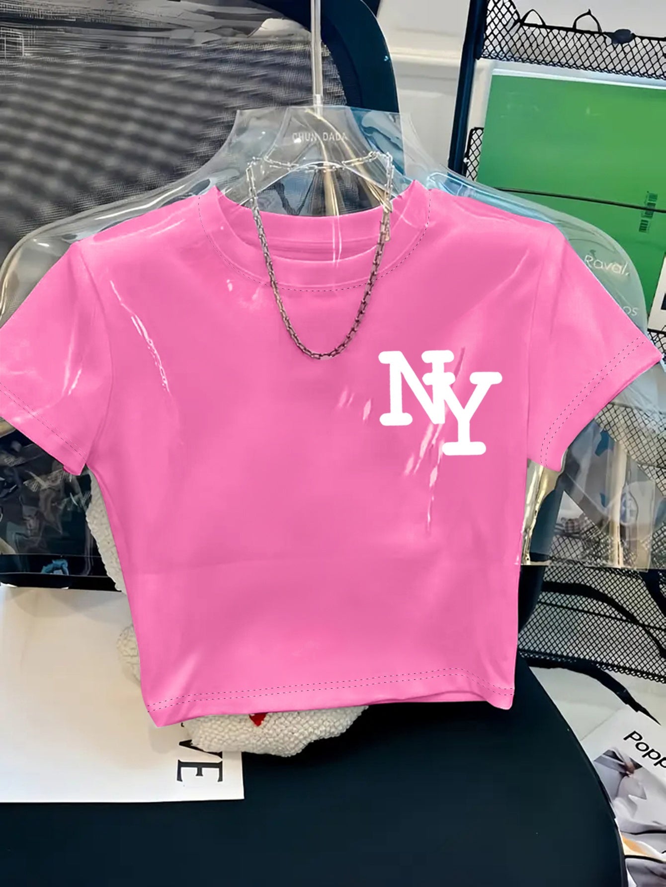Women's Y2K Style NY Monogram Graphic T-Shirt - Soft Stretchy Polyester Blend, Oversized Cropped Fit, Machine Washable Spring/Summer Casual Top
