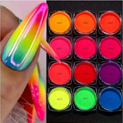 12 Colors Neon Fluorescent Powder Fluorescent Nail Glitter Set Shiny Dark Chrome Powder DIY Gel Polishing Nail Art Decoration