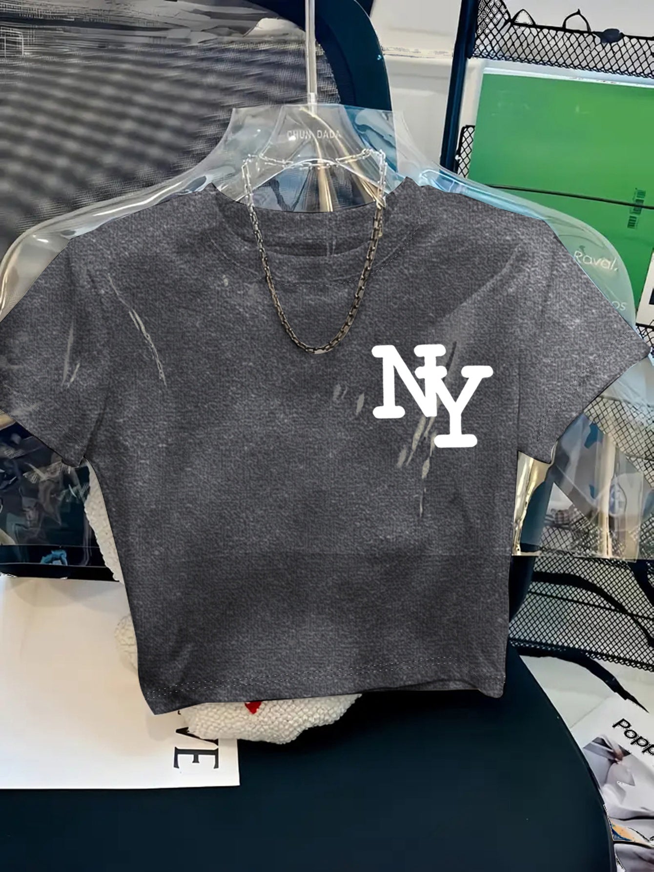 Women's Y2K Style NY Monogram Graphic T-Shirt - Soft Stretchy Polyester Blend, Oversized Cropped Fit, Machine Washable Spring/Summer Casual Top