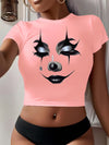 Clown Face Print Crew Neck T-Shirt, Casual Short Sleeve T-Shirt For Spring & Summer, Women's Clothing
