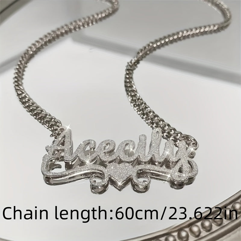 1pc Custom Stainless Steel Name Necklace – Personalized Frosted Letter Pendant with Sparkling Accents, Unisex Cuban Link Chain Jewelry Gift for Casual Attire or Special Occasions, Gift Item Jewelry | Bohemian Chic | 18K Gol