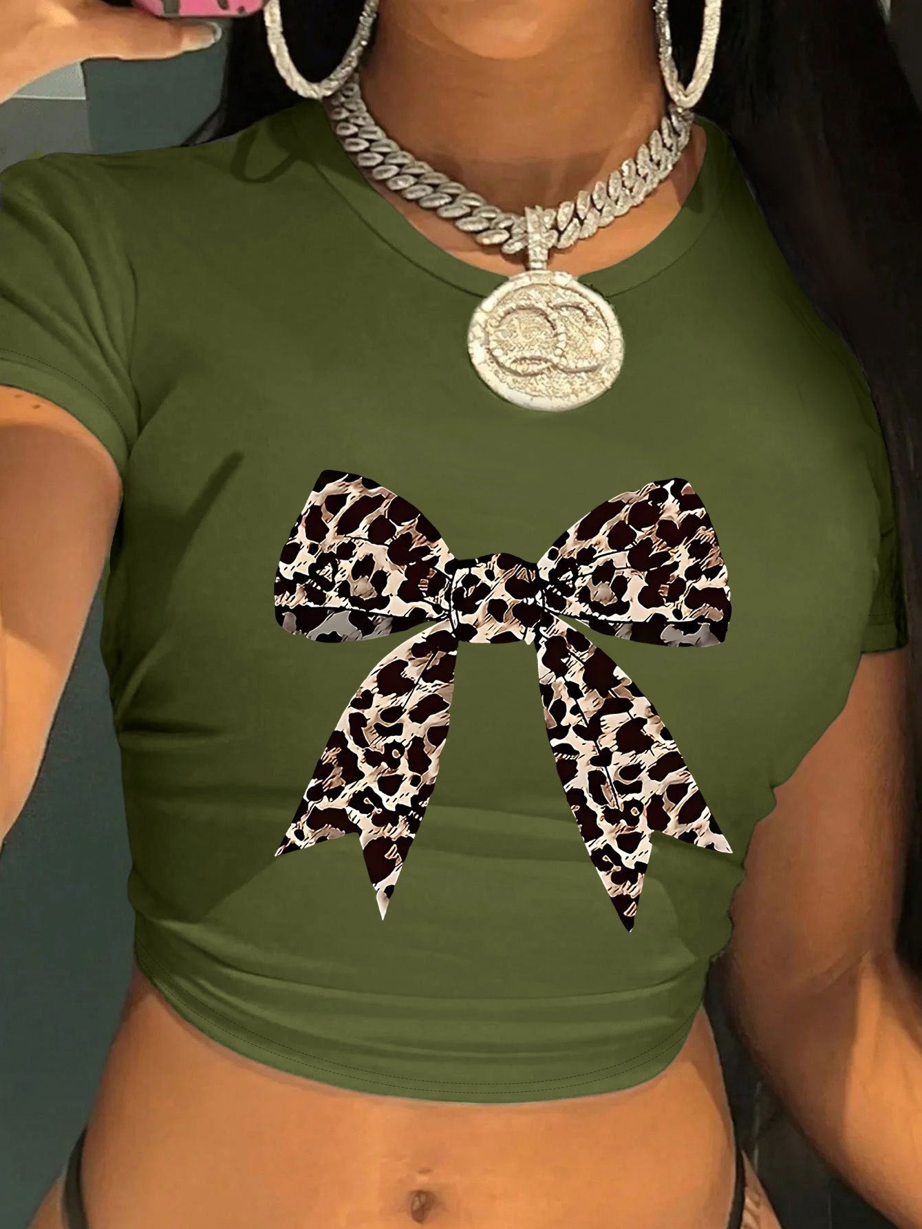 Women's Y2K Leopard Bow Print Cropped T-Shirt - Light Blue Soft Fabric, Machine Washable, Versatile Casual & Evening Wear, Style Statement Top | Elegant Design | Comfortable Fit, Leopard Print Shirt