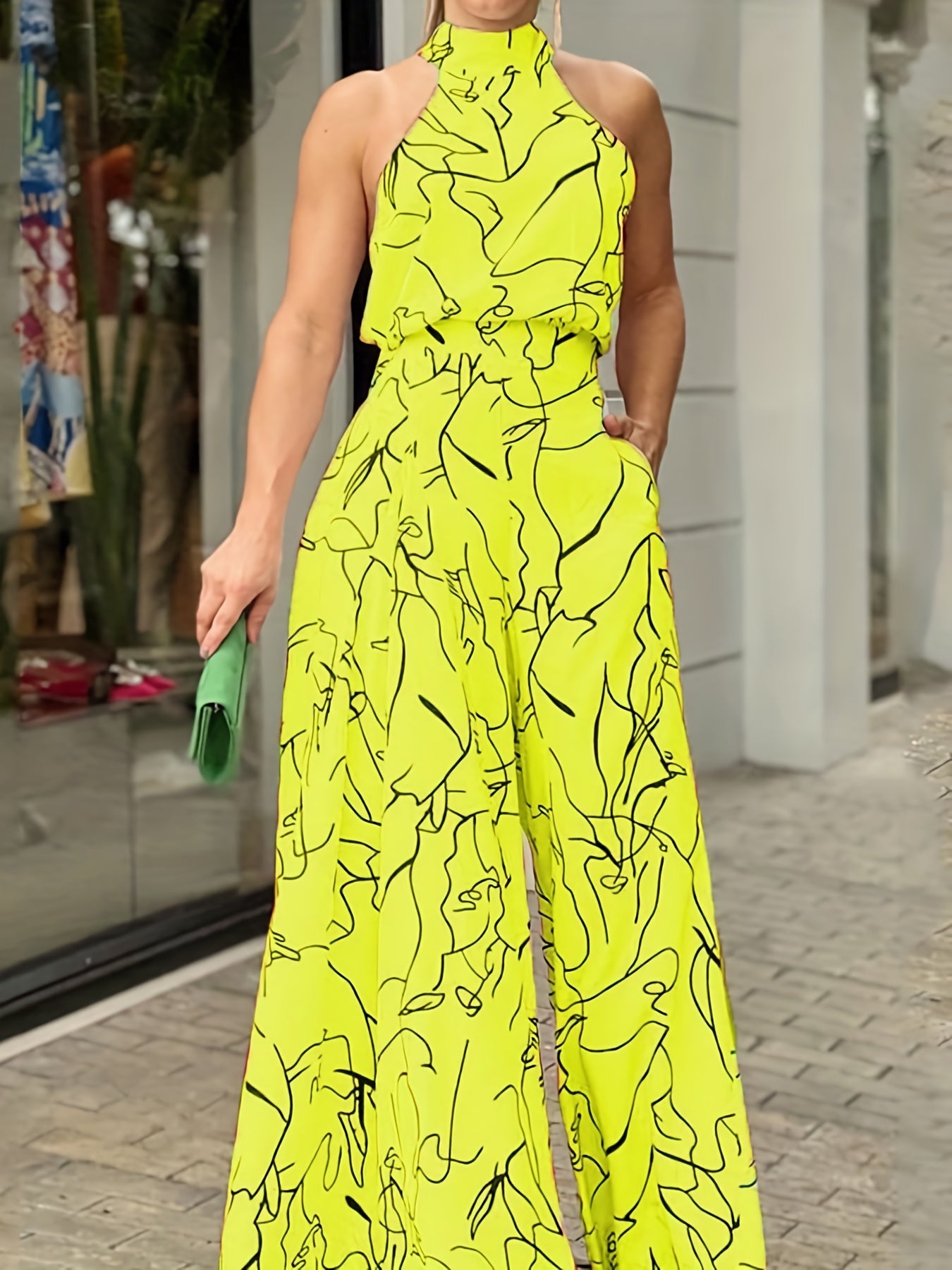 Women's Elegant Sleeveless Halter Neck Wide Leg Romper Jumpsuit with Pockets - Striped Print 100% Polyester Machine Washable All-Season Casual to Formal Wear