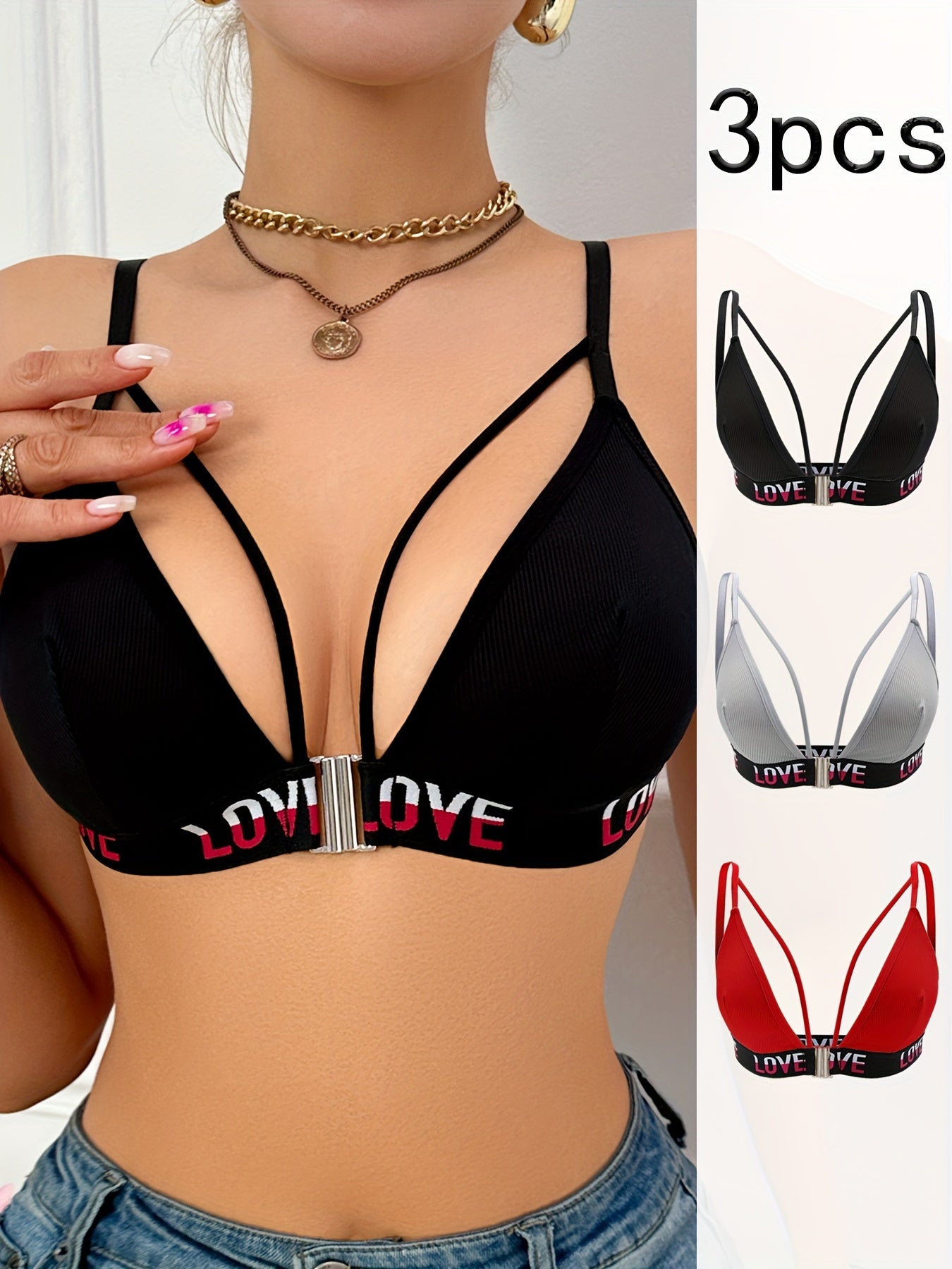 3pcs Elegant Front Closure Women's Push-Up Bras - High Support, Comfort Fit, Polyester & Elastane Blend, Machine Washable, Available in Black, White, Red with Love Detail