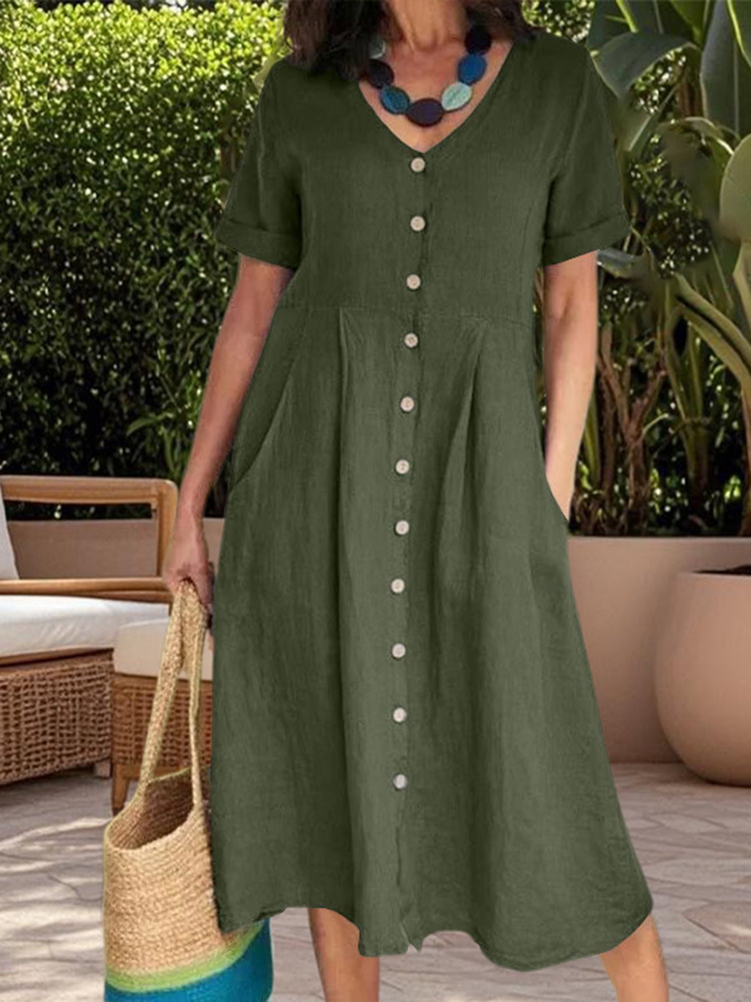 Ladies' Summer Casual Button Mini Dress, Pleated Short-Sleeved Solid Color Loose High-Waisted And Linen Dress