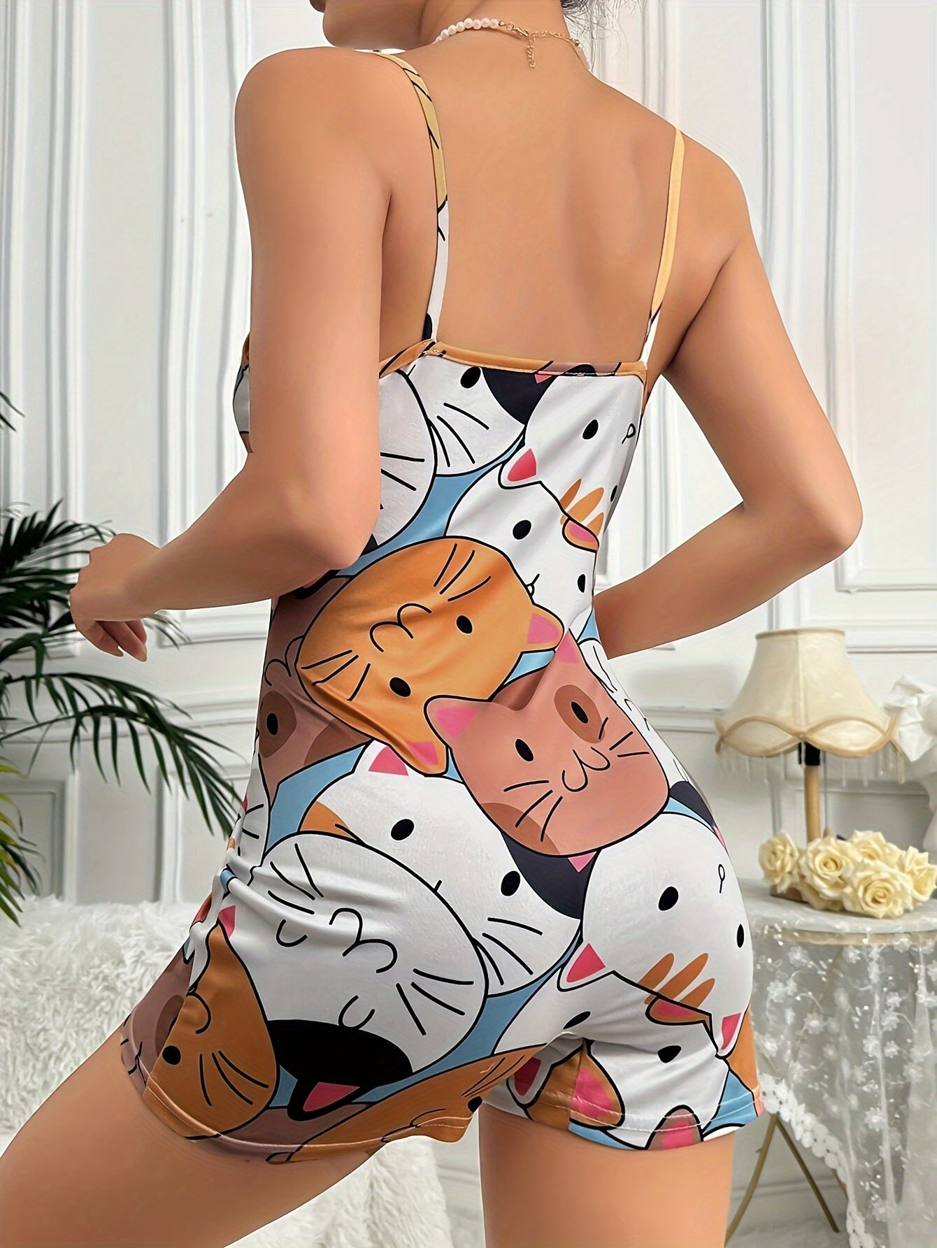 Women's Cute Cat Print Spaghetti Strap One-Piece Lounge Bodysuit, Casual Sleeveless Animal Pattern Cami Top Romper For Summer