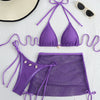Solid Color 3pcs Bikini Set, Halter Neck with Mesh Tie Back and High Cut Sides, Cover-Up Wrap Swimsuit, Women's Swimwear and Clothing Triangle Top