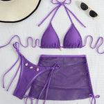 Solid Color 3pcs Bikini Set, Halter Neck with Mesh Tie Back and High Cut Sides, Cover-Up Wrap Swimsuit, Women's Swimwear and Clothing Triangle Top