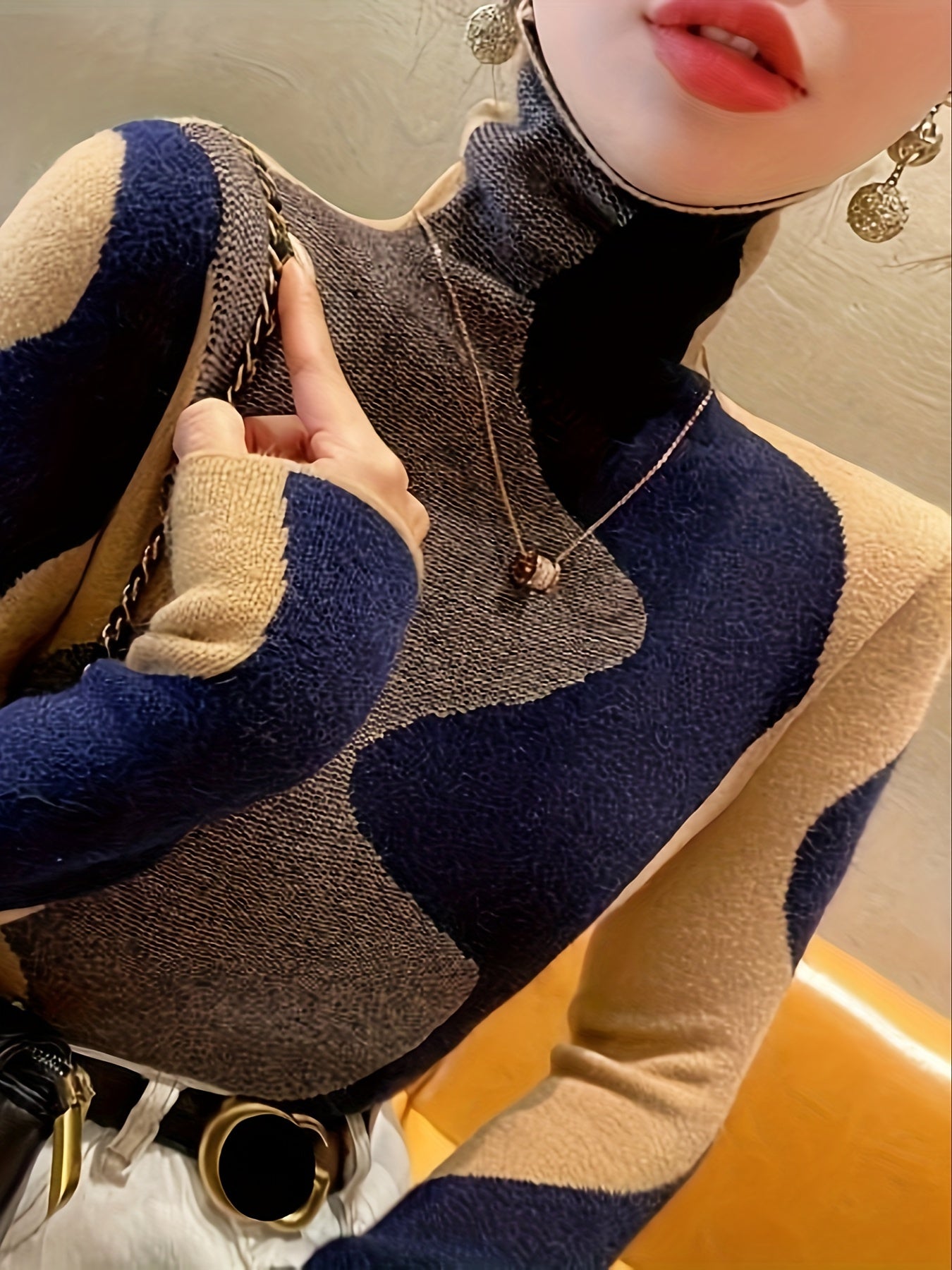Elegant Turtleneck Sweater for Women - Chic Geometric Pattern, Soft Knit Blend, Perfect for Fall/Winter, Machine Washable