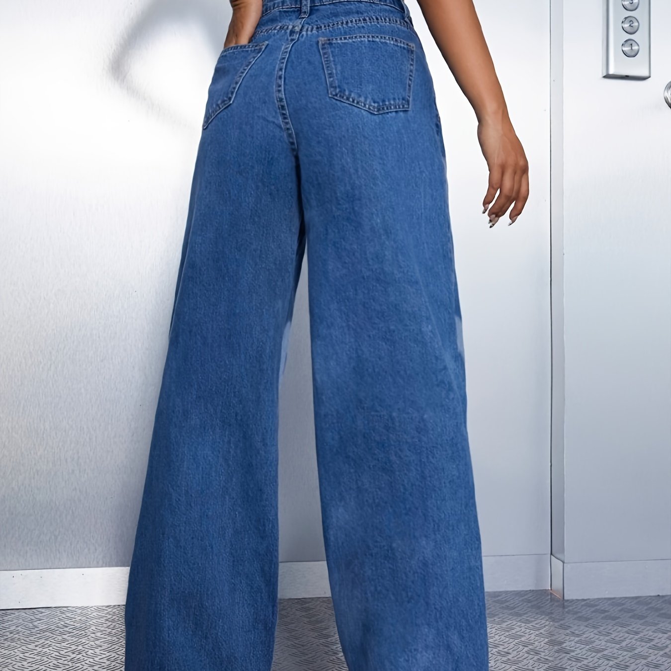 Women's High-Waisted Wide Leg Denim Jeans with Heart Print - Light Blue Casual Loose Fit Pants, Cotton, Long Length, Perfect for Casual Attire