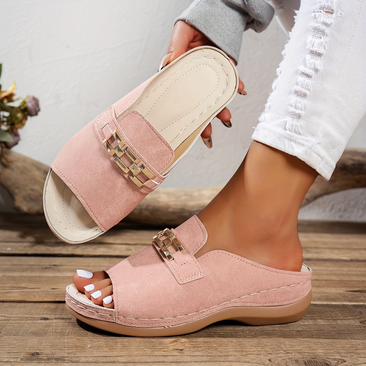 Women'S Chunky Sole Platform Sandals - White Slip-On with Golden Buckle, Flat Heel, Open Toe Design, PU Sole, Synthetic Insole & Upper, Casual Footwear|Chunky Sole Sandals|Durable Footwear
