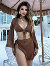 Solid Color 4-piece Bikini Set With Long Sleeve Top, Waist Tie Skirt - Polyester - For Women - Perfect for Beach, Poolside & Summer Vacations - Ideal Gift for Summer Lovers