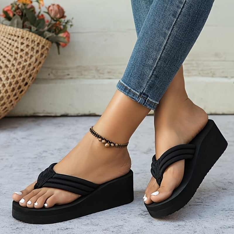 Women'S Fashion Platform Flip Flops, Solid Color Fabric Upper & Inner, EVA Sole & Insole, Slip-on Toe Post Sandals, Comfortable Lightweight Beach Slides