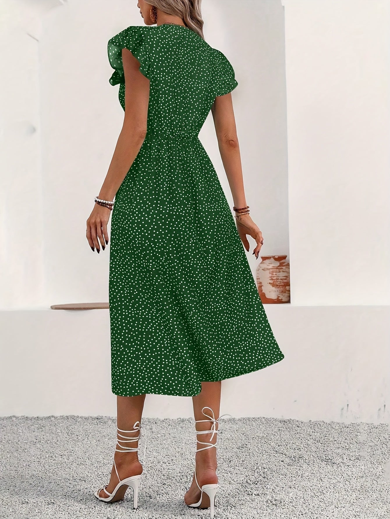 [Red Polka Dot Midi Dress] Red V-Neck Elegant Polka Dot Midi Dress for Women | with Ruffle Split Hem, Button Front Detail - Perfect for Summer Holidays