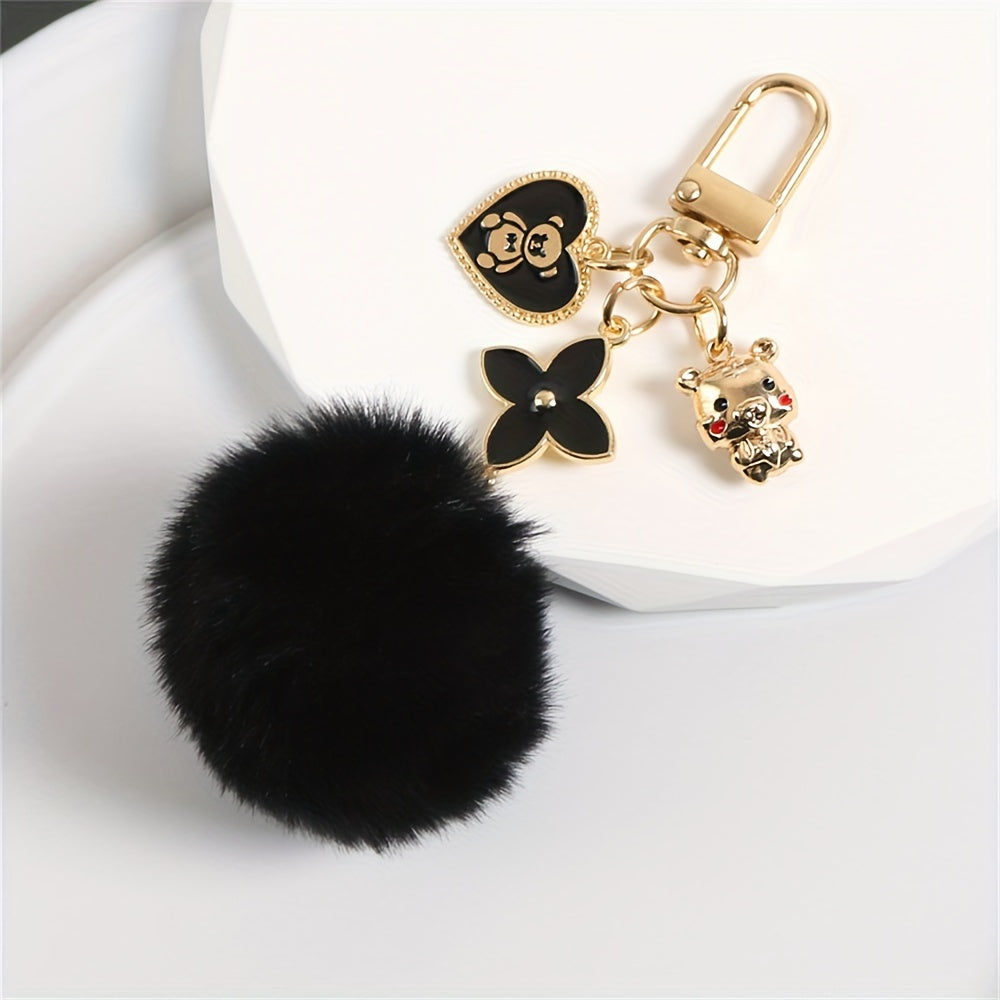 Fashion Heart and Teddy Bear Charm Keychain with Faux Fur Pom Pom, Creative Cute Wall-Mounted Key Hooks, Metallic Unfinished Style with Special Decorative Features