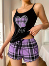 Women's Plaid Heart Print Frill Trim Casual Pajama Set, Round Neck Backless Cami Top & Shorts, Comfortable Relaxed Fit, Summer Nightwear