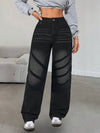 Women's Straight Leg Loose Jeans with Striped Detail - Mid-Rise, Black Denim, Casual Streetwear for Parties, Hip-Hop Style, Machine Washable