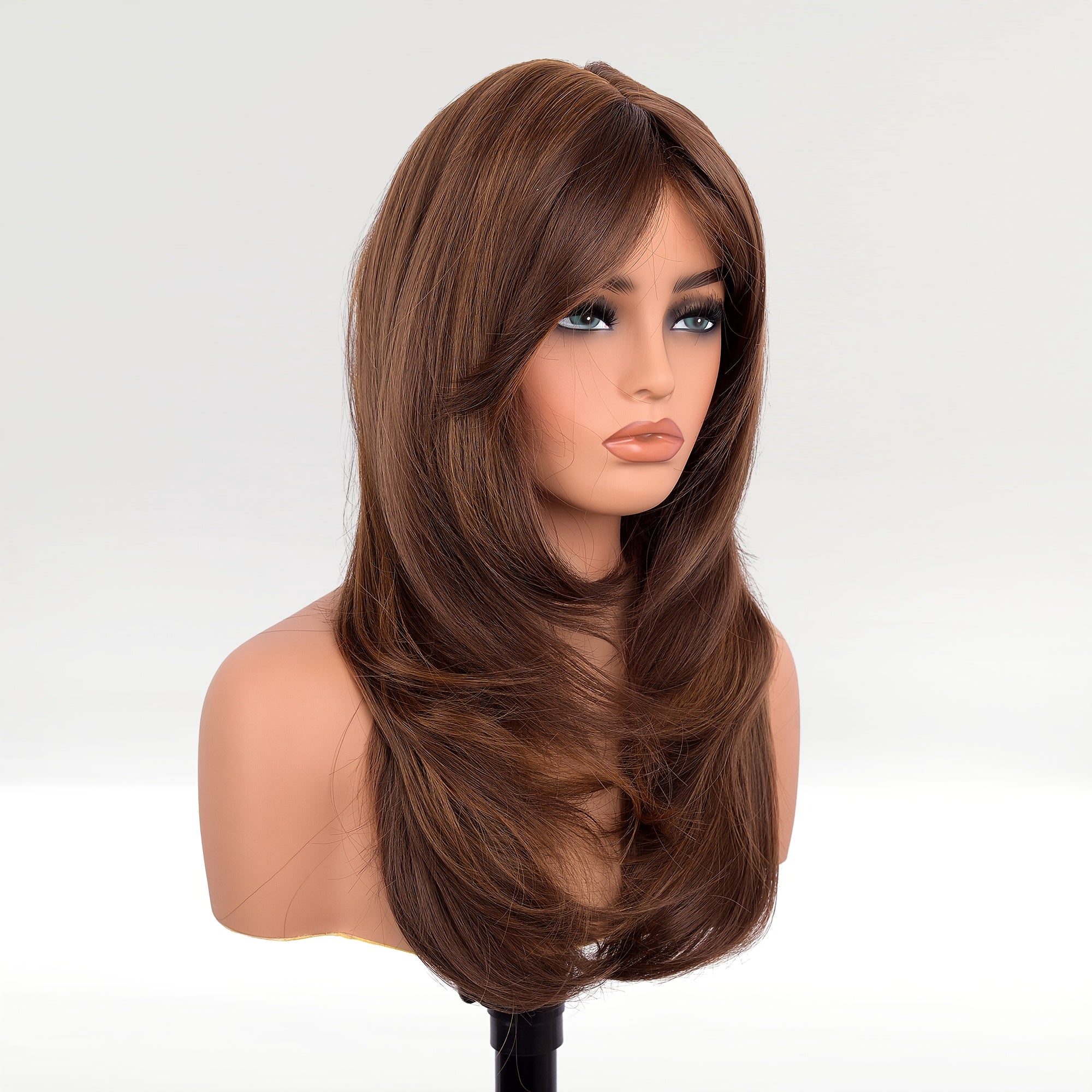 Glueless Synthetic Wigs For Women, Natural Straight Layered Wigs With Bangs, Copper Red Wigs, Brown Wigs, 20 Inches Shoulder Length