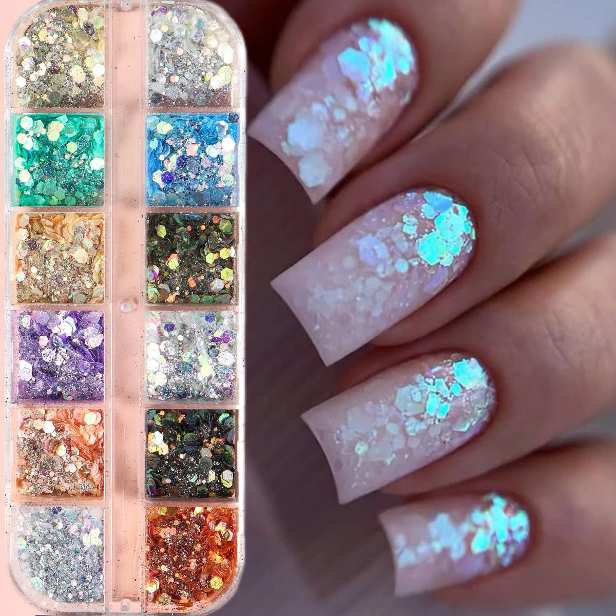 12-Grid Mermaid Iridescent Hexagon Sequins for Nail Art – 3D Holographic Glitter Flakes, Mixed Sizes & Shapes, Sparkly DIY Nail Decorations in Vibrant Colors (Blue, Green, Purple, Pink), DIY Manicure | Holographic Nails | V