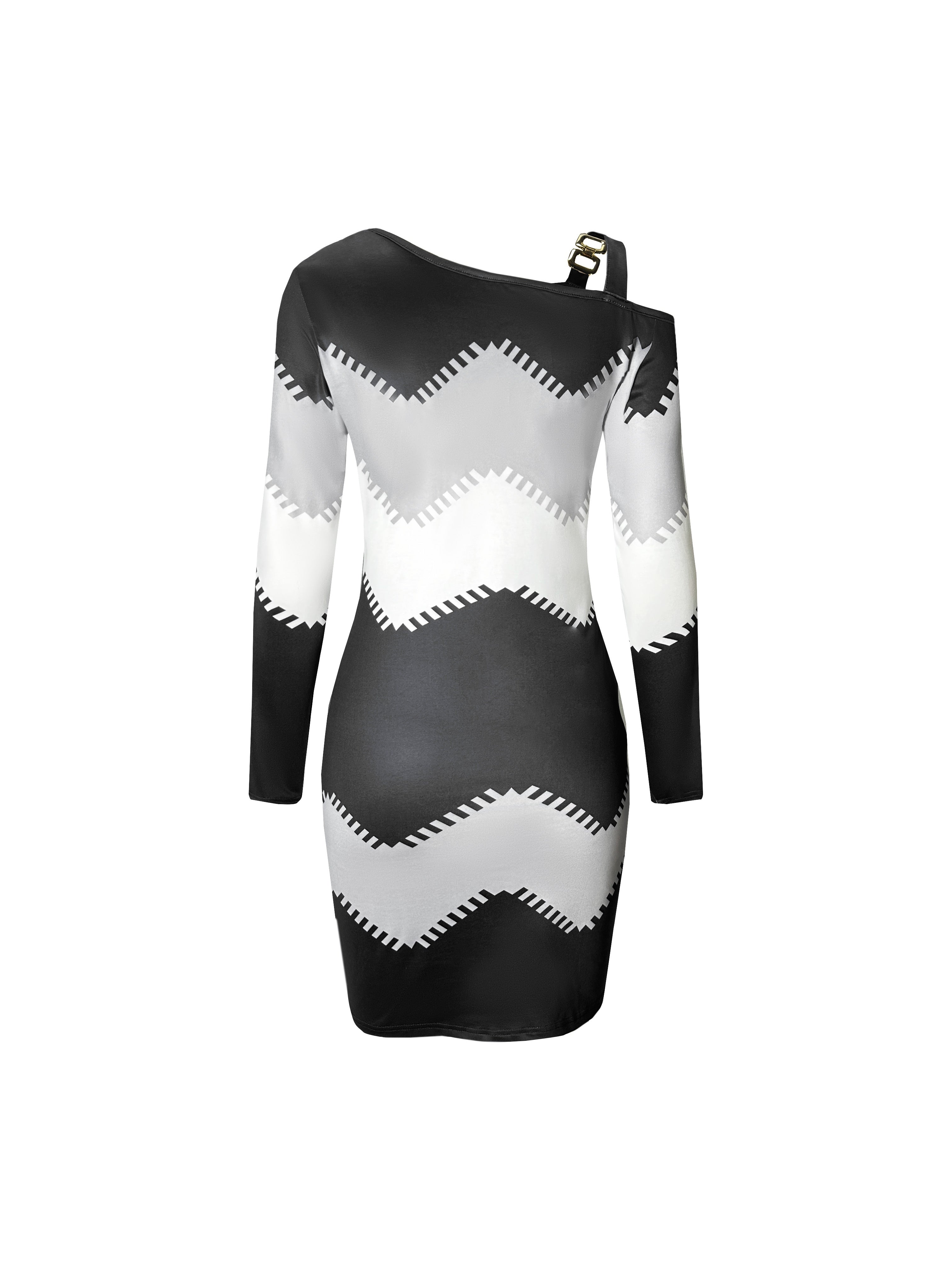 Print Off-Shoulder Color Block Dress for Women - Chic Long Sleeve, Zigzag Pattern, Stretchy Polyester Blend with Chain Detail, Machine Washable - Perfect for Spring & Fall