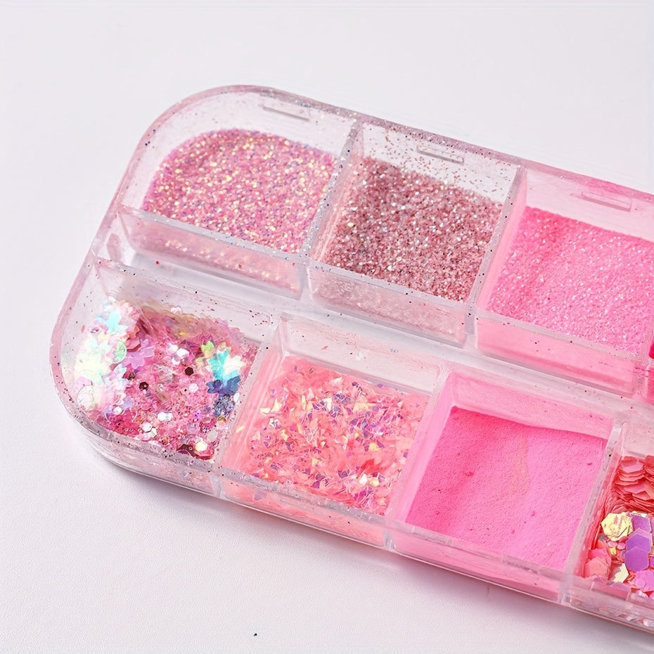 FULL BEAUTY 12 Grids Pink Glitter Nail Flakes, Holographic Hexagon Irregular Sequins, Sliced Sparkly Crystal Pigment Powder for Manicure Decoration, Hypoallergenic Rectangle Shape, Nail Charms