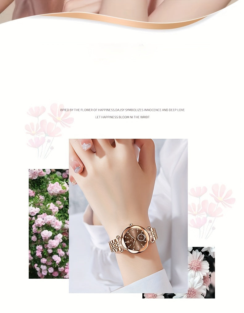 Elegant Women's Quartz Watch with Rhinestone Accents - Rose Golden Case & Stainless Steel Band, Roman Numerals, Independent Second Hand - Ideal for Business or Formal Wear - Perfect Mother's Day, Christmas, or Back-to-School