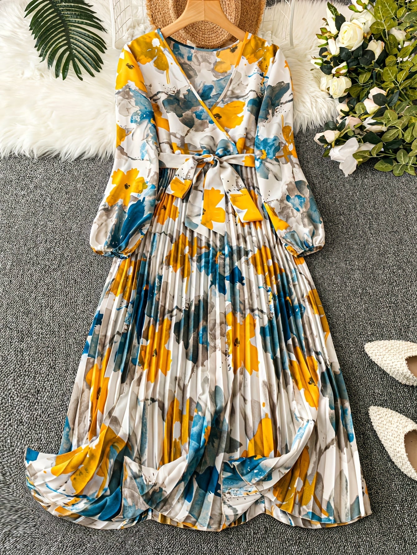 [Floral Print] Floral Midi Dress | 1pc | Polyester 100% | Regular Fit with Belt Detail, V-Neck, Lantern Sleeves, A-Line Flared Hem | Women's | All-Season