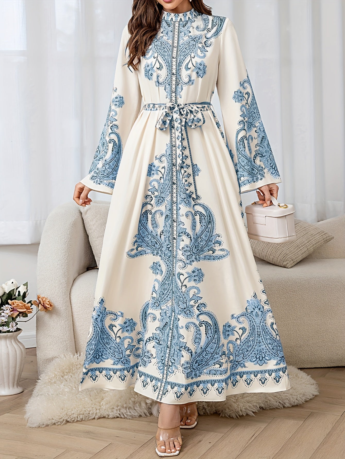 Elegant Floral Print Long Dress with Tie-Waist & Lantern Sleeves - Creamy Beige, Crew Neck, Flowing Maxi Length, Perfect for Spring/Summer/Fall, Women’s Fashion, Cute Dresses