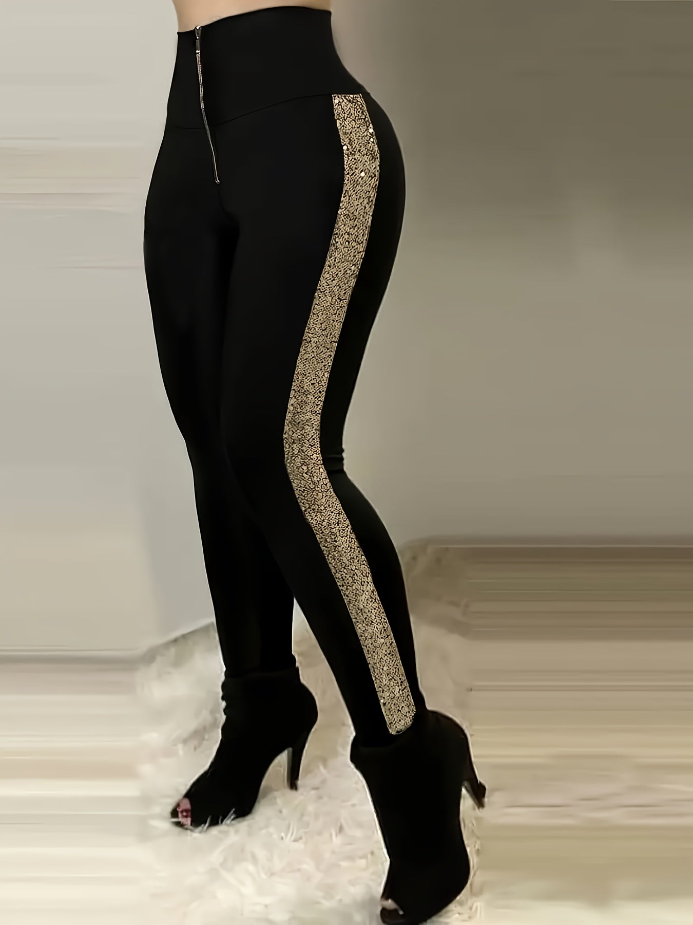 Elegant High-Waist Zippered Pants with Glitter Accents - Stretchy Polyester & Elastane Blend, Slim Fit Long Trousers for Evening Events, Women's Fashion, Party Trousers|Sleek Fitted Pants|Zipper Closure, High Waisted Leggings