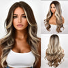 Synthetic Wigs for Women, Shoulder-length, with A Water Wave Style. It Has Brown Highlights. The Roots Of The Hair Are Brown, And The Middle Part Of The Hair Is In A Loose Curly Wave Shape. The Length Of The Wig Is 30 Inches,