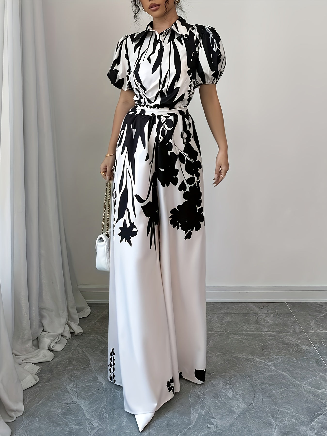 Elegant Floral Print Short Sleeve Long Palazzo Culottes with Belt for Adult, Going Out, Spring/Summe