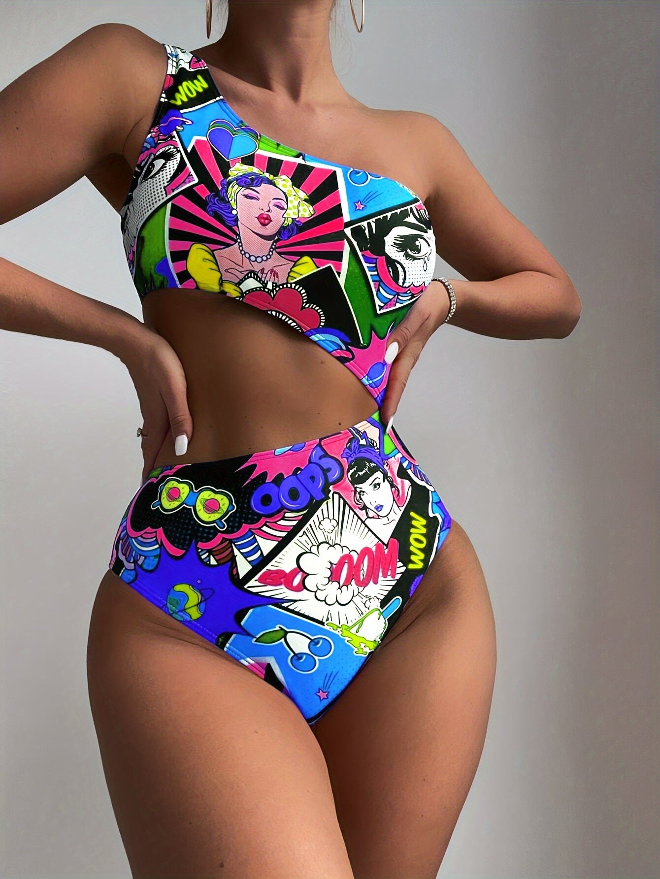 High-Stretch Womens One-piece Swimsuit - Fun Cartoon Comic Prints & Asymmetric Pop Art Design, Unique Cut Out Bathing Suit for a Fashion-Forward Look