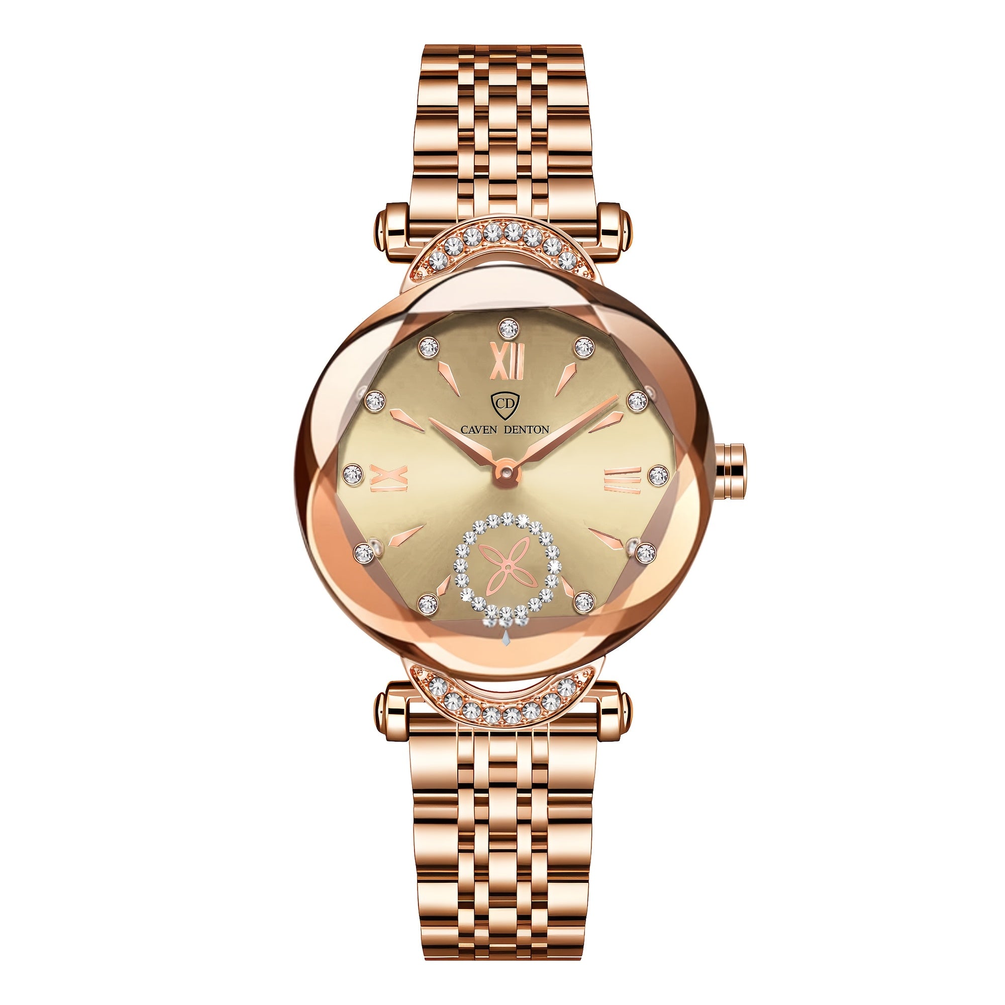 Elegant Women's Quartz Watch with Rhinestone Accents - Rose Golden Case & Stainless Steel Band, Roman Numerals, Independent Second Hand - Ideal for Business or Formal Wear - Perfect Mother's Day, Christmas, or Back-to-School
