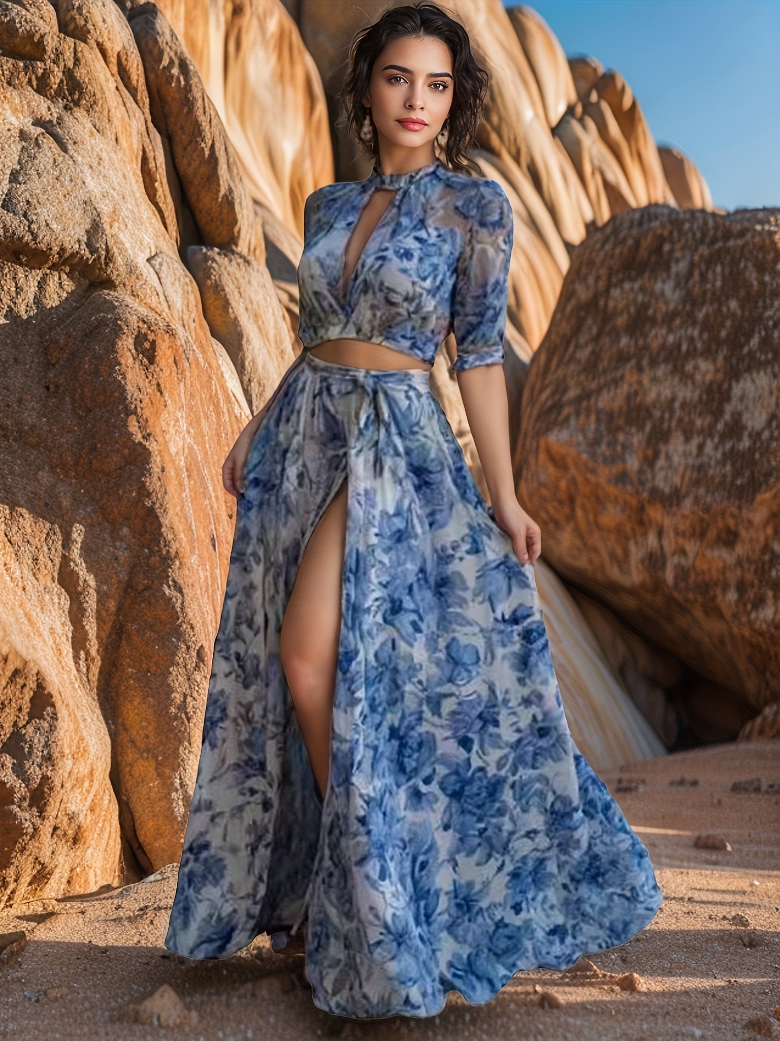 Spring And Summer New European And American Long Women'S Puff Sleeve Premium Print Sexy Style Women'S V-neck Dress Women