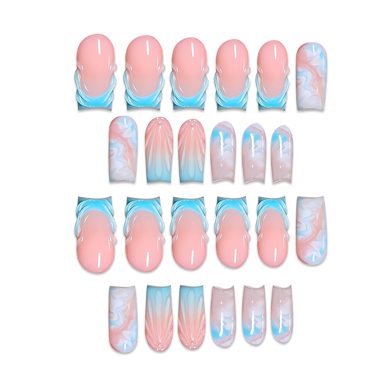 A Set of 24 Full-Cover Press-On Fake Nails Featuring Blue Wave Designs, Sparkling Diamonds, And Cloud Patterns in a Blue French Style, Along with Three-Dimensional Gel Stripes. These Medium Square-Shaped Fashionable Press-On