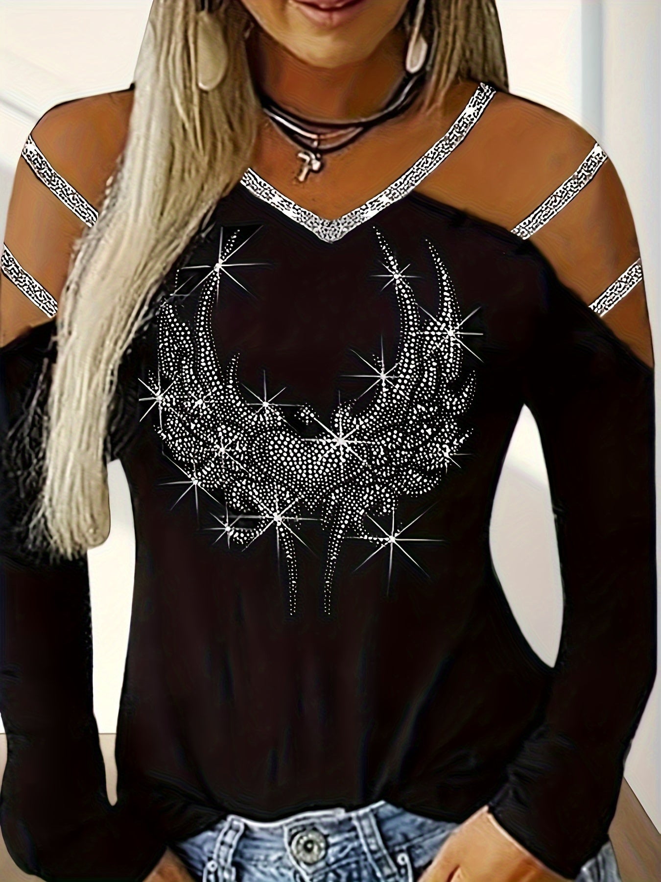 Women Autumn V-Neck Sexy Cold Shoulder Long Sleeve Tops T-Shirt Ladies Pullover Casual Blouse