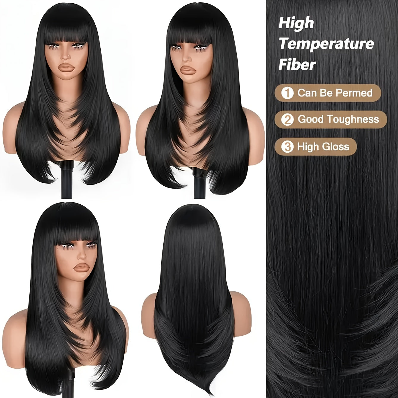 26" Long Straight Layered Wig with Bangs - Natural Black Synthetic Hair, Glueless Put-On Style, High-Temperature Fiber, Pixie Cut for Women, Perfect for Casual Attire