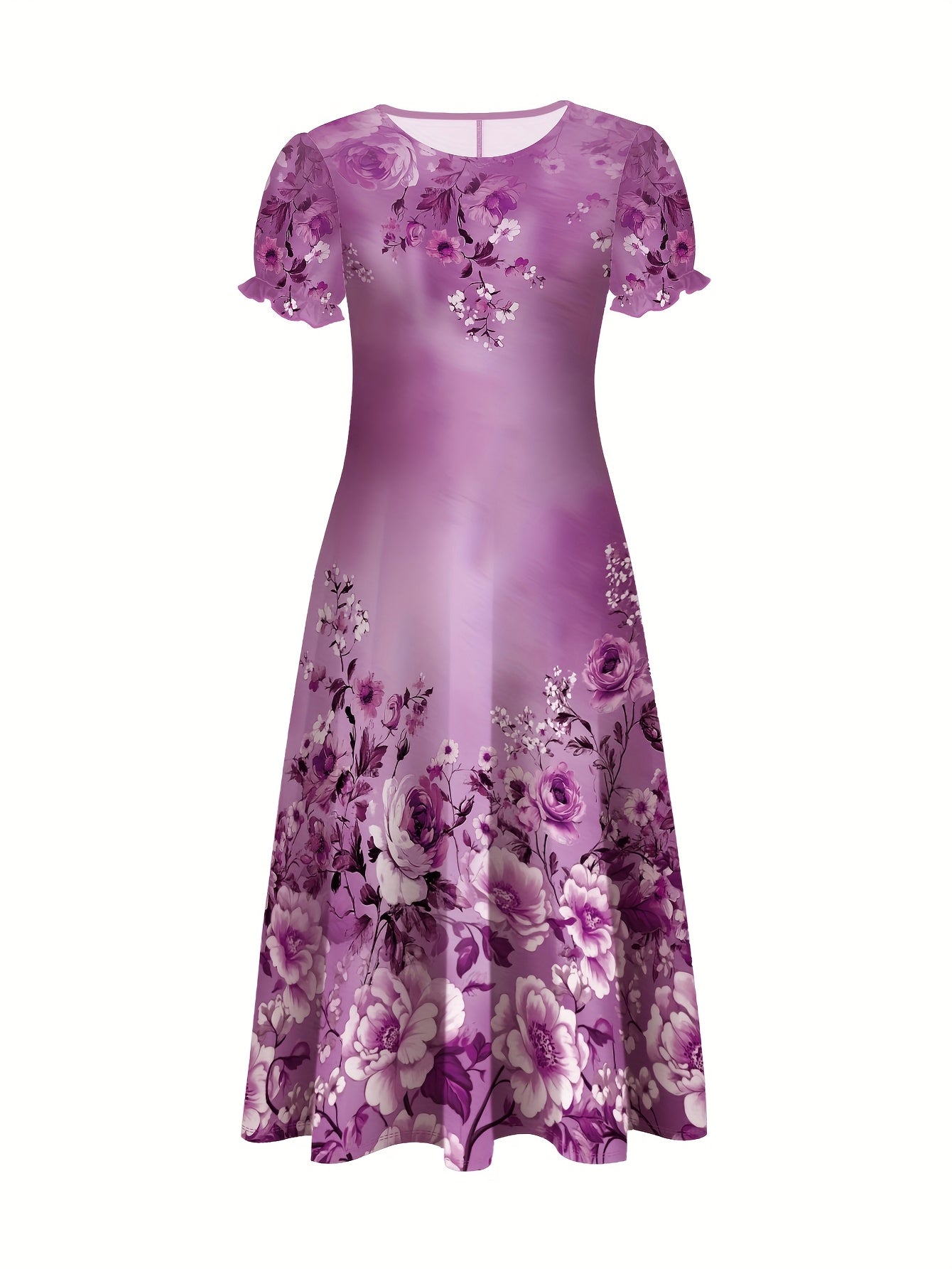 [Tropical Tie-Dye Ombre Maxi Dress] Tropical Tie-Dye Ombre Polyester Knit Women's Elegant Floral Print Maxi Dress - Crew Neck Lantern Short Sleeve, Loose Fit A-Line Long Dress for All Seasons, Machine Washable