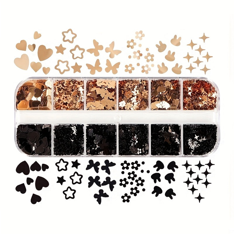 Yanyniu 12-Grid Butterfly & Floral Nail Glitter - Black, Golden & White Mix | Sparkling Rabbit & Flower Designs for Nail Art Decoration