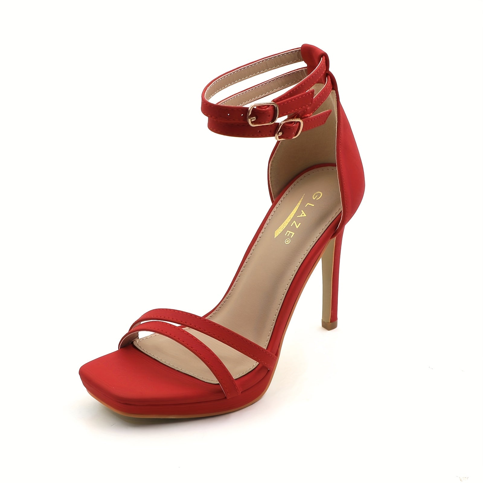 Elegant Red Stiletto Sandals for Women - 4.3" High Heel, Open Toe with Ankle Strap & Buckle Detailing, Breathable PU Cover Pumps for Parties, Weddings, and Daily Wear, Stiletto Heels