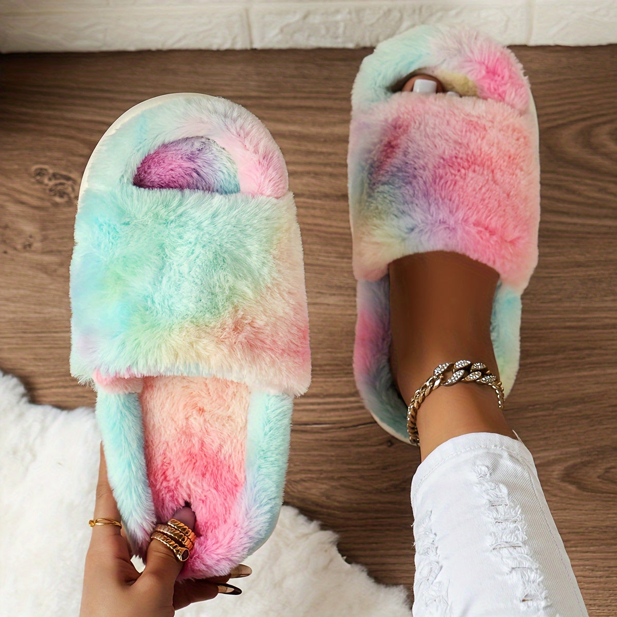 [Cozy Furry Slippers] Comfy Fluffy Furry House Slippers - Single Band Open Toe Platform Fuzzy Shoes - Cozy Warm Home Slippers