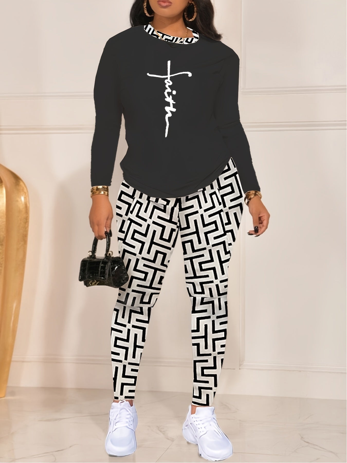 Chic Geo Print Women's Outfit - Casual Long Sleeve Top & Pants Set, Stretchy Polyester Blend, Machine Washable - For Women - Perfect for Everyday Wear  - Great Gift for Fashionable Ladies