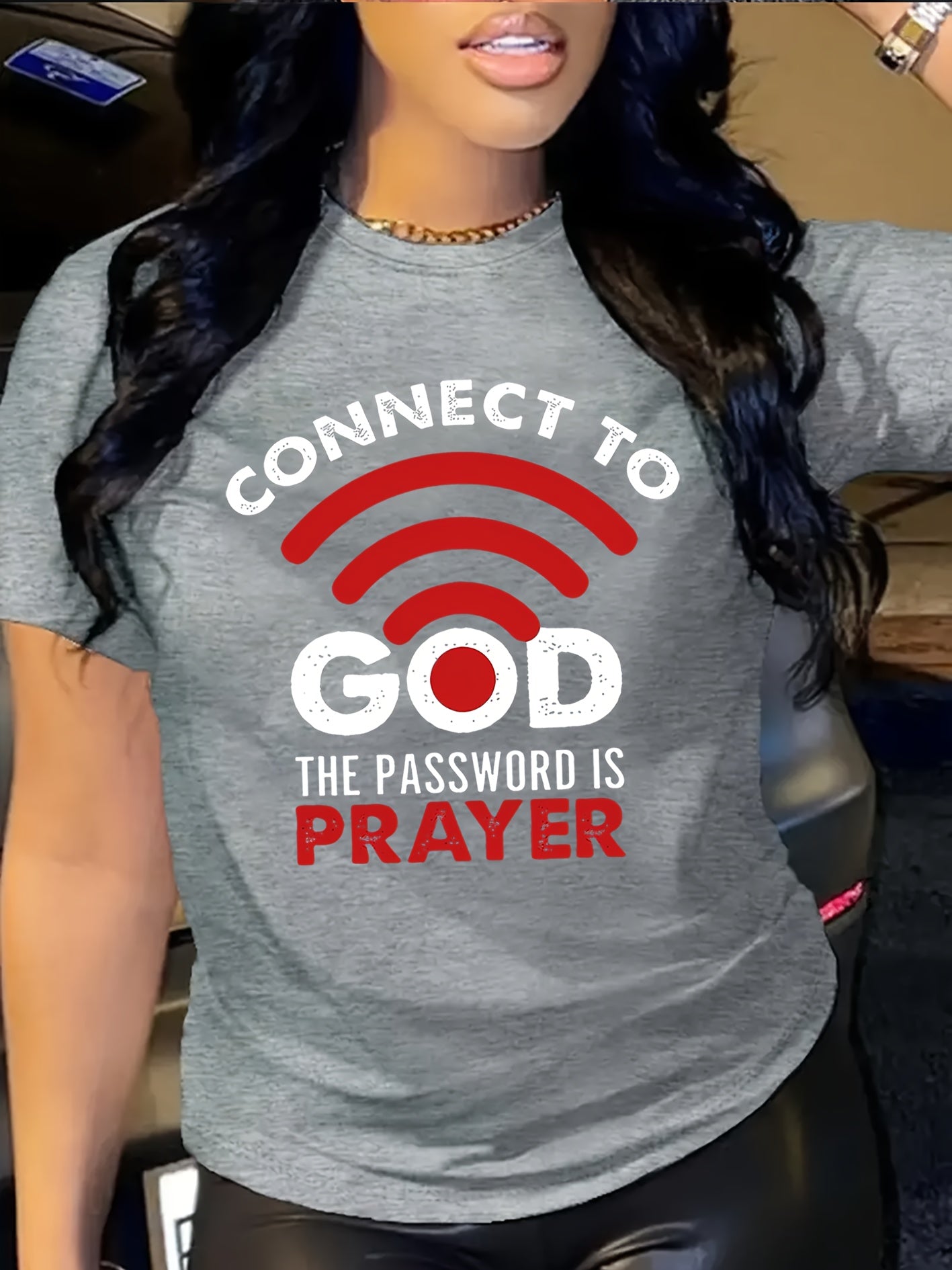 Women'S Casual Crew Neck T-Shirt with "Connect to God, The Password is Prayer" Print, Polyester 100%, Knit Fabric, 180g/m², All Seasons