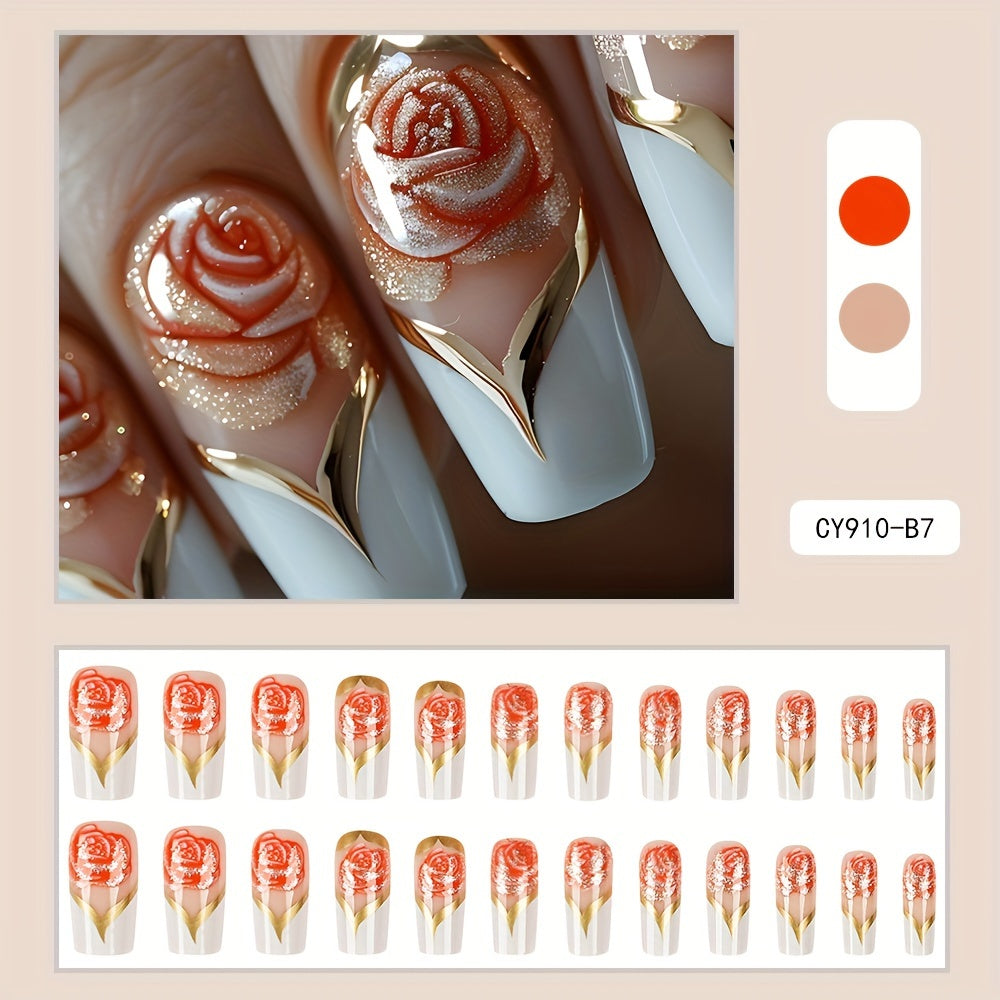 48pcs Bright Ballet Wind Pressure Acrylic Nails, Pink Flowers And Golden Stripe Design-Reusable, Ladies' Shiny Fake Nails Is Suitable As a Beautiful Gift for Each Other on Valentine'S Day.