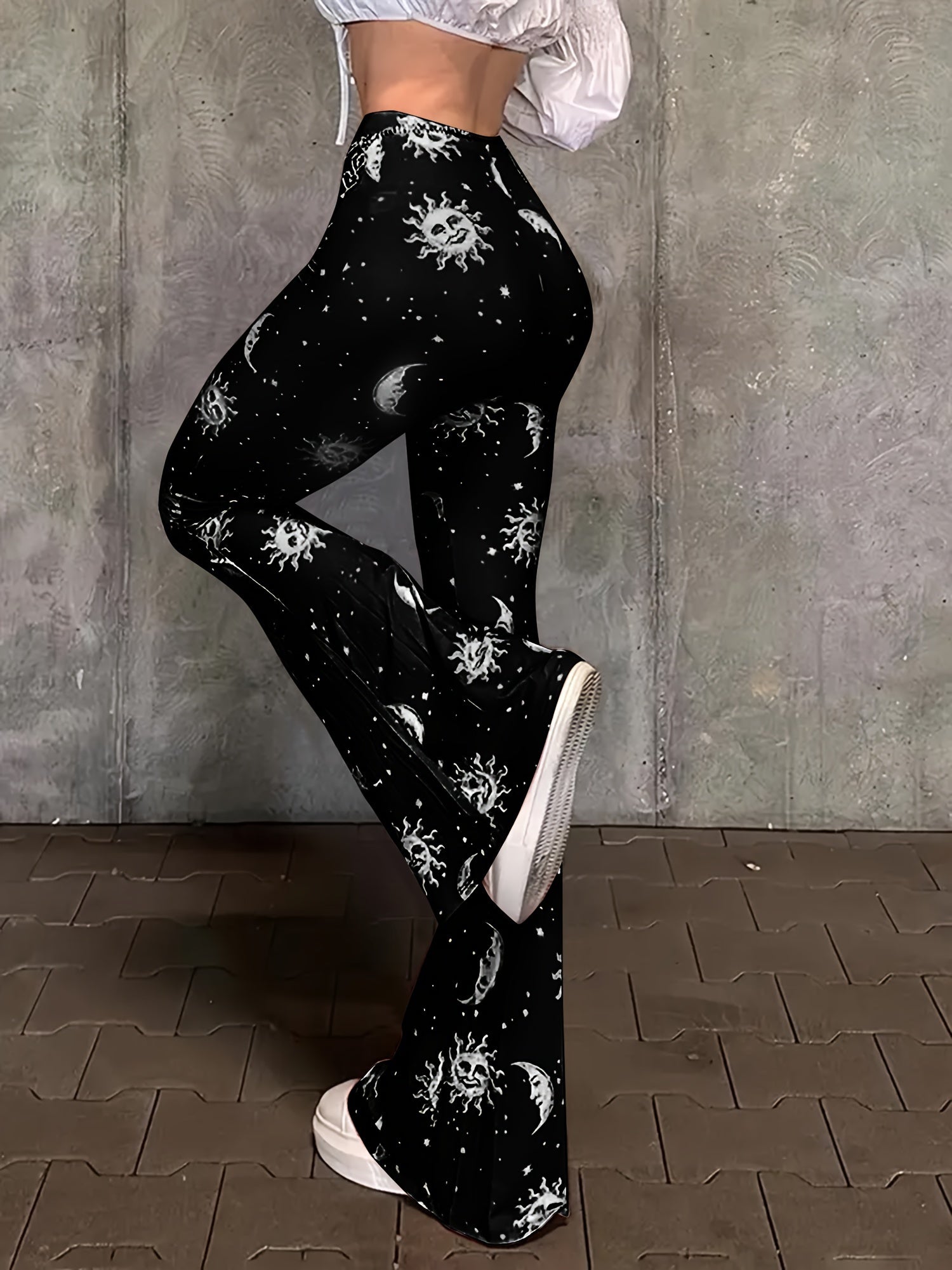 Polyester Spandex Blend Flare Leg Pants - Galaxy Moon Sun Print - Young Style for Adult Women - Spring/Fall Season