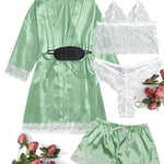 Women's Plus Sexy Lounge Set - Plus Size Satin Contrast Eyelash Lace Belted Nightgown & Camisole & Panty & Shorts With Free Eye Mask - For Women - Perfect for Lounging & Sleepwear - Ideal Gift for Her